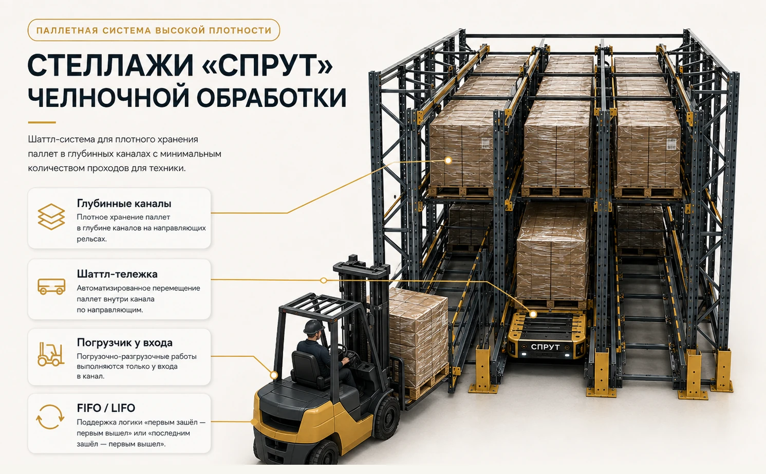 Техническая схема — челночные стеллажи «Спрут» с шаттлом