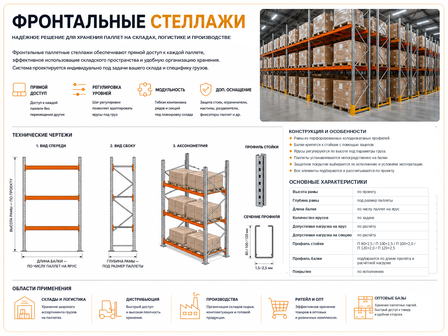 Конструкция и технические характеристики фронтальных паллетных стеллажей