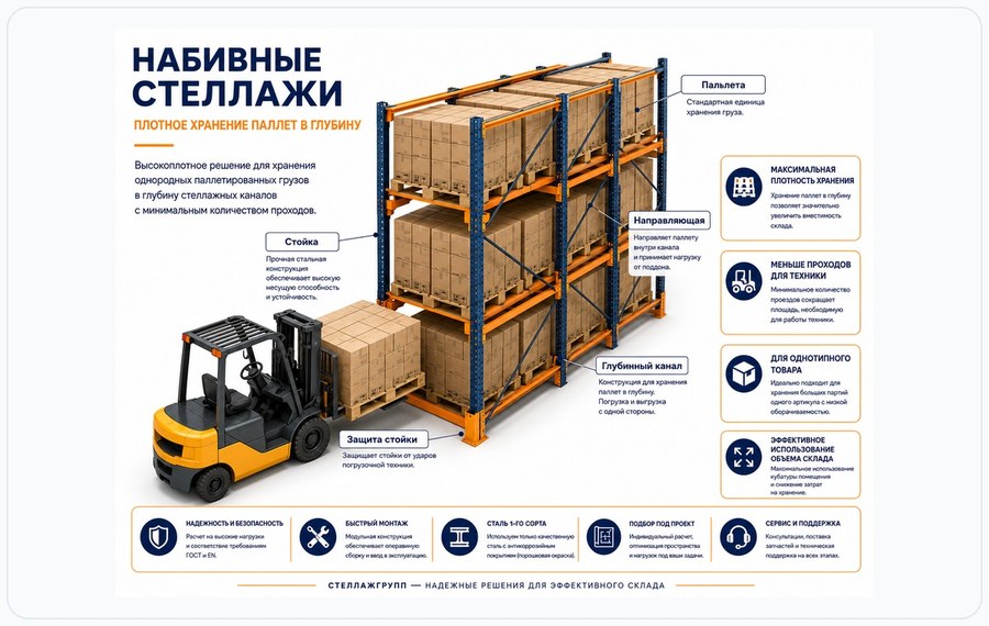 Набивные стеллажи для плотного хранения паллет