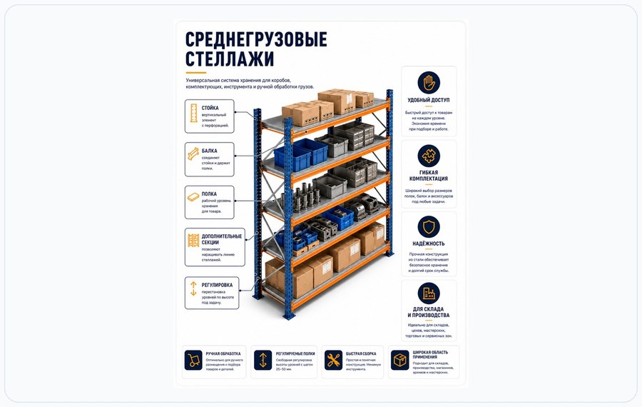 Среднегрузовые полочные и балочные стеллажи
